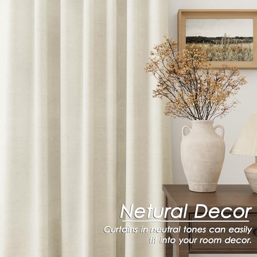 Image of Warm Beige 100% Blackout Linen Curtains for Bedroom 120 Inches Long Back Tab Thermal Insulated Modern Farmhouse Decor Black Out Curtain for Living Room Floor to Ceiling High Window 52x120, 2 Panels