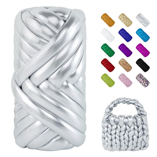 LEREATI 250g Lana Gruesa para Tejer a Mano, Chunky Yarn Color Metálico Hilo Grueso Tubular Ovillo Lana Gorda para Tejer con las Manos Bolsas, Cestas, Manualidades, DIY (Plata)