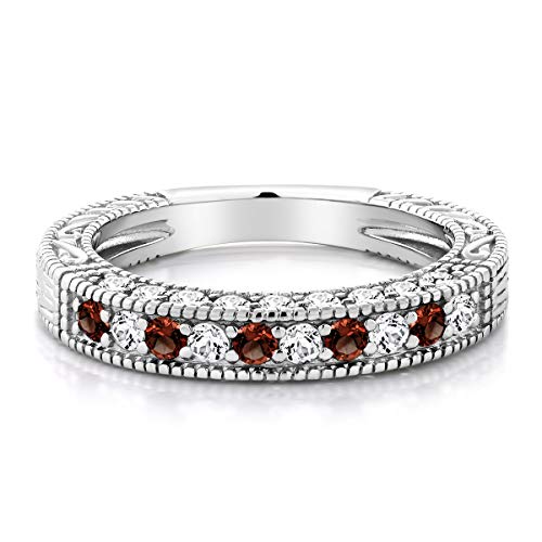 Gem Stone King 1.00 Cttw Red Garnet and White Created Sapphire Ring For Women | 925 Sterling Silver | Ladies Anniversary Wedding Band Ring | Gemstone Birthstone | Available In Size 5,6,7,8,93