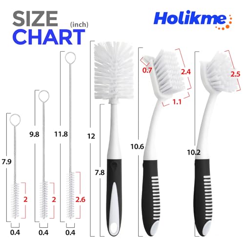Image of Holikme 6 Pack Dish Brush Set with Bottle Brush, Dish Scrub Brush, Pan Brush and 3 Straw Brushes, Deep Cleaning Handle Brush with Scraper Tip for Kitchen Sink Dishes Bottle Cup Pot and Pans (Black)