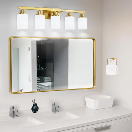 Image of Gold Bathroom Light Fixtures 5-Light Brushed Gold Vanity Light 30in | White Frosted Ribbed Glass Shade Vanity Lighting Fixtures over Mirror Gold Sconces Wall Lighting for Hallway E26 Base