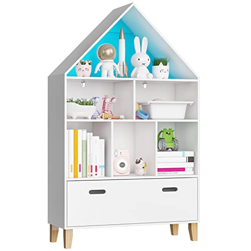 Bibliothèque Enfant FOREHIALL Avec 13 étagères Et 4 Tiroirs Roulants - Meuble De Rangement Jouets 125,5x33x175 Cm Blanc
