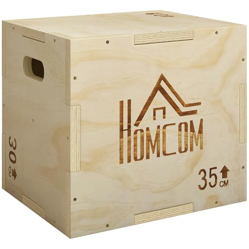 HOMCOM Cajón Pliométrico de Madera 3 en 1, Plataforma de Caja Pliométrica con 3 Alturas Diferentes, 2 Mango Hueco, Entrenamiento de Salto, Fuerza, para Casa, Gimnasio y Exterior, 40,5x35,5x30,5 cm