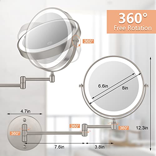 Sanawell Rechargeable Wall Mounted Lighted Makeup Mirror Brushed Nickel,1X/10X Magnification Double-Sided 360° Swivel Vanity Mirror 3 Color Lights,Touch Screen Dimming Extendable Shaving Mirror #TOP5