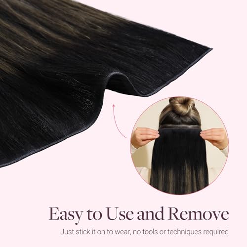 Image of GOO GOO Tape In Weft Hair Extensions Human Hair, Genius PU Long Weft Tape In Hair Extensions Real Human Hair, Silky Easy to Use, 1B /6 /1B Balayage Natural Black to Chestnut Brown 16 inch 50g