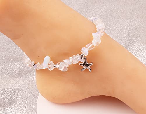 Image of Starfish Anklet Bracelets Handmade Amethyst Healing Stone Stretch Anklets Chakra Beach Foot Jewelry for Women Girl