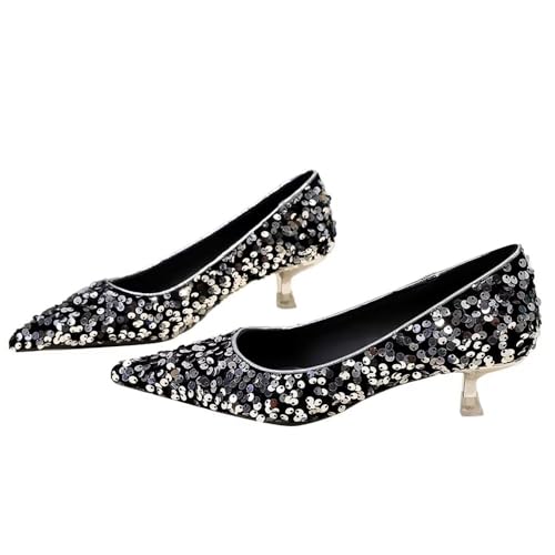 Hee grand Sequins Kitten Heel Sexy Pointed Toe Stilettos Bridal Sparkles Dress Shoes for Wedding Party