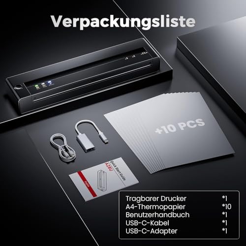 TATTMUSE Mobiler Drucker A4 für Unterwegs, Thermodrucker A4 Unterstützt das Format A4/A5/B5, Kleiner Kabelloser Portable Printer Kompatibel mit Phone, Laptop, Tragbarer Drucker für Büro and Reisen