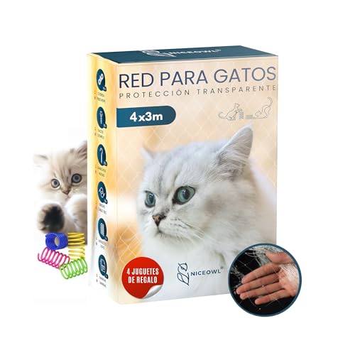 NICEOWL® Red para Gatos Terraza 4x3m Transparente I Malla Resistente y Duradera I Red de Proteccion para Gatos para Terraza, Balcon, Ventanas, etc.