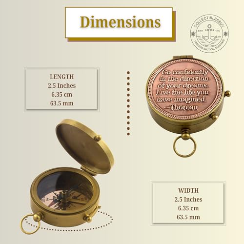 Brújula magnética de latón sólido con caja de madera estilo antiguo, decorativa náutica con dial de cobre grabado miniatura 3