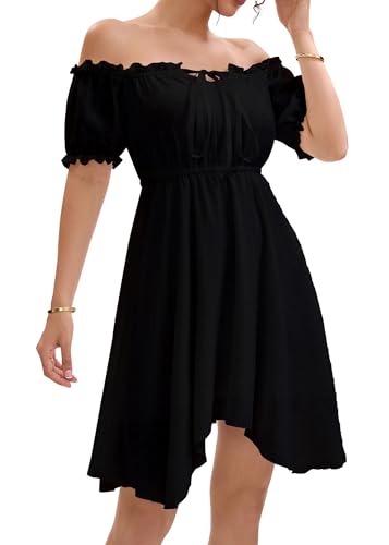 Image of Womens Off Shoulder Ruffle Puff Sleeve Tie Up Irregular Swiss Dot Mini Cottagecore Dress