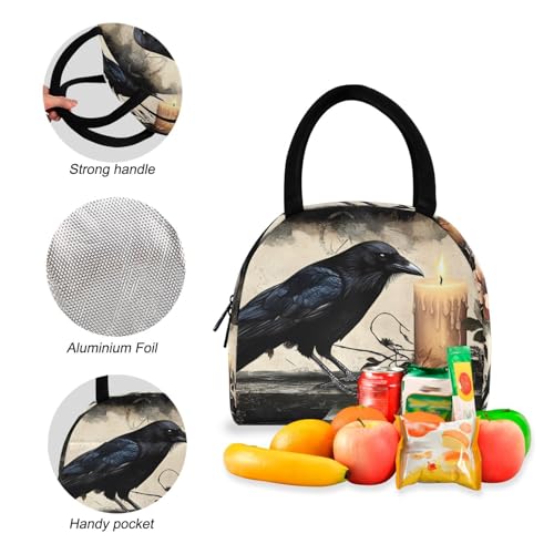 Backpack Lunch Bag Set Raven Gothic Print, Big Storage Travel Backpacks with Insulated Lunch Box for Office Hiking Picnic4