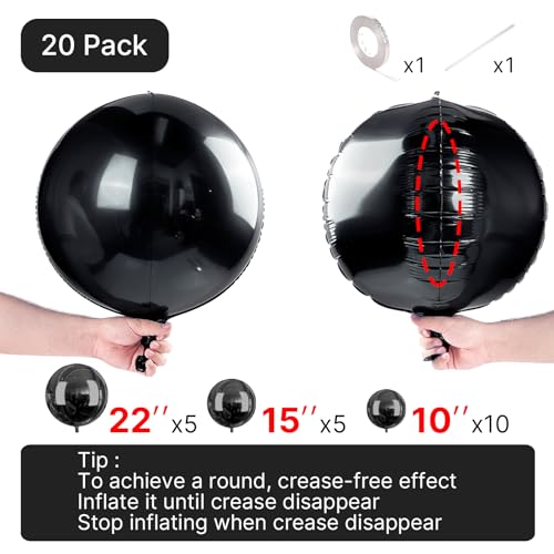 Image of PartyWoo Black Foil Balloons 20pcs Large Round Giant Jumbo 4D Balloons