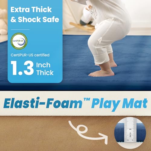 Image of 1.3 inch Thick Baby Play Mat for Floor, 39x59 Foam Tummy Time Mat, Padded Support Soft Plush Nursery Rug for Infant Kids Toddler Crawling Kick Activity (Royal Blue)