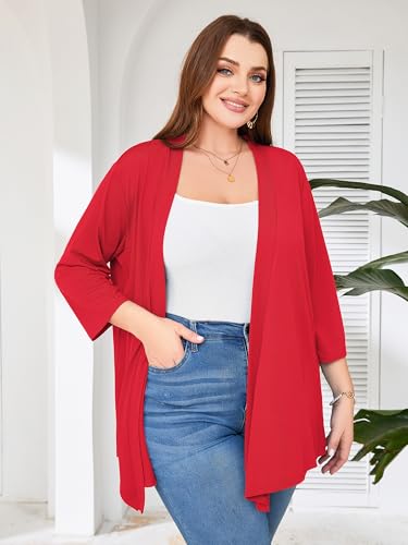 Image of AusLook Women's Plus Size Lightweight Open Front Cardigan 3 /4 Sleeve Cover Ups Shrugs Shawls and Wraps Kimono Jacket Coat
