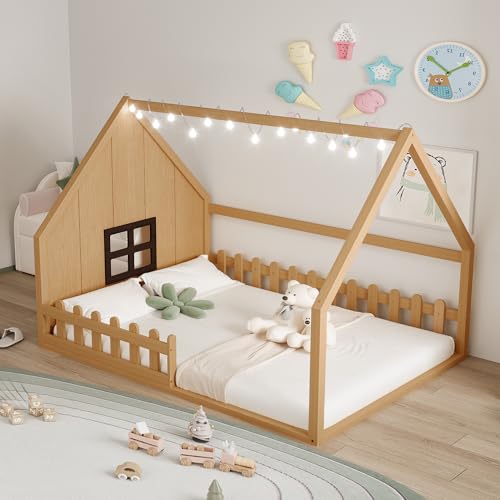 SOFTSEA Full Size House Bed for Kids, Floor Platform Bed with Fence and Window, Playful Design Wooden House Bed, Natural