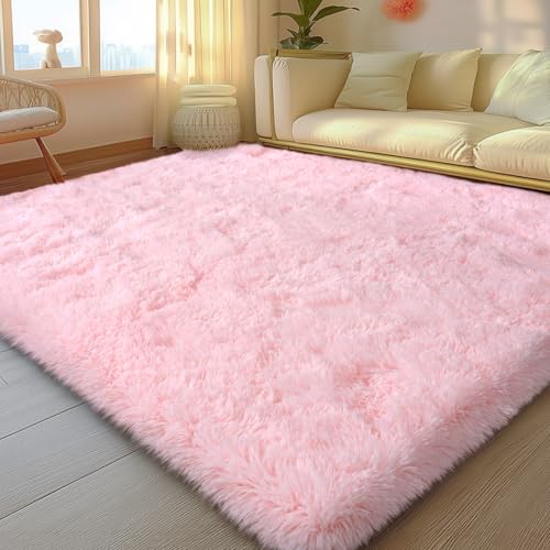 Pink Rugs for Living Room, 5x7 Feet Large Fluffy Area Rugs for Bedroom, Soft Carpet Shag Kids Rug with 4 Non-Slip Rug Pads (5ft x 7ft, Pink)