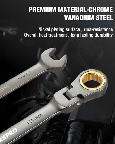 Image of WORKPRO 13 mm Flex-Head Ratcheting Combination Wrench, Nickel Plating | Cr-V Constructed, 72-Teeth, 12 Point Design, Metric, For Home Improvement, Auto Repairs, Plumbing, Constructions, Machinery