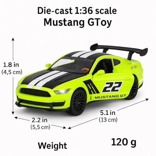 Image of 1:36 Scale Mustang GT Die-Cast Car - Metal Pull Back Toy Car with Openable Doors - Sports Model for Boys, Kids, Collectors - Friction Powered Vehicle (Green)