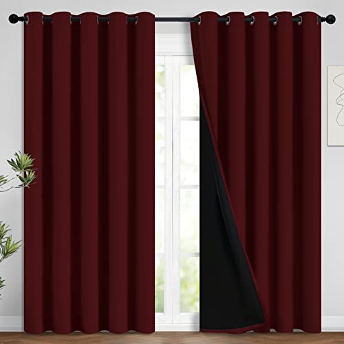 Image of Yakamok 100% Blackout Lined Panels, Room Darkening Thermal Insulated Blackout Curtains for Bedroom, Heat Blocking Drapes for Living Room(62Wx84L, Burgundy Red, 2 Panels)