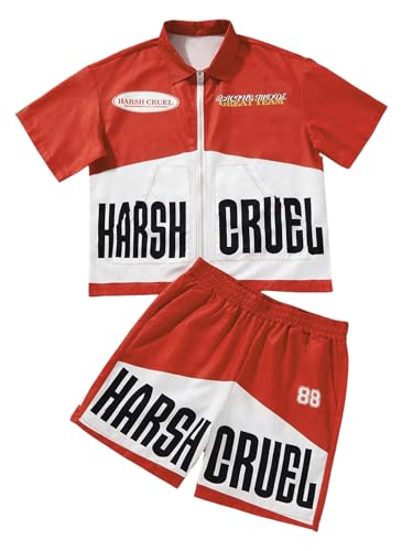 SOLY HUX Men's 2 Piece Outfits Letter Graphic Color Block Zip Up Short Sleeve Collared Shirt and Shorts Set Streetwear