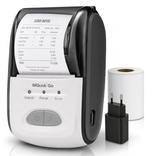 Image of helett BillQuick Go 2 Inch (58mm) Thermal Receipt Printer & Billing Machine for Retail Shop | Bluetooth + USB Type-C | 203 DPI | 2600mAh Battery | Android, iOS, Windows & Mac | Adapter & Roll