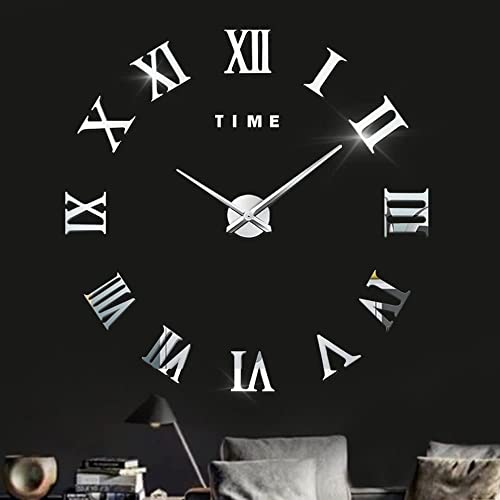 Cooltto Moderne Mute DIY Grand Pendule Murale 3D Mirror Stickers Horloge Montre Murale Big Watches Home Office Décoration Amovible (Batterie Non Inclus) - Chiffres Romains - Argent
