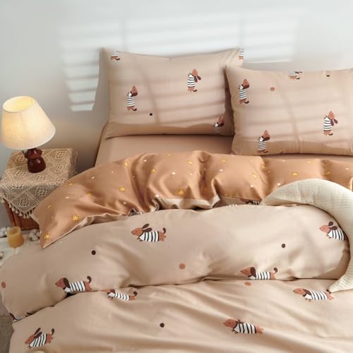 Tospass Baumwolle Bettwäsche 135x200 Dackel Khaki Bunt Dachshund Bettwäsche-Sets Mädchen Aesthetic Kinderbettwäsche ÖKO-TEX Deckenbezug 1 Bettbezug mit Reißverschluss und 1 Kissenbezug 80x80cm