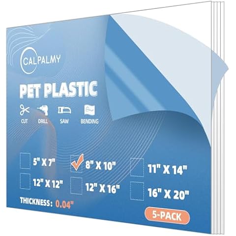CALPALMY 5 Pack of 8x10” PET Sheet/Plexiglass Panels 0.04” Thick; Use for Crafting Projects, Picture Frames, Cricut Cutting and More; Protective Film to Ensure Scratch and Damage Free Sheets Cover
