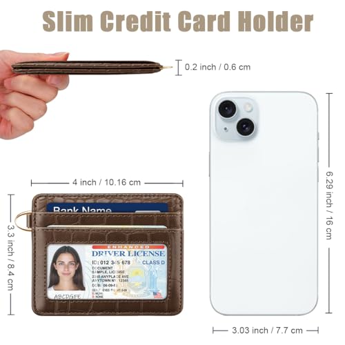 Image of Slim Credit Card Holder Crocodile Wallet Women Thin Wallets | Alligator Print RFID Blocking Minimalist Lightweight Pocket Small Cute Cards Holders ID Window, Coffee Croc