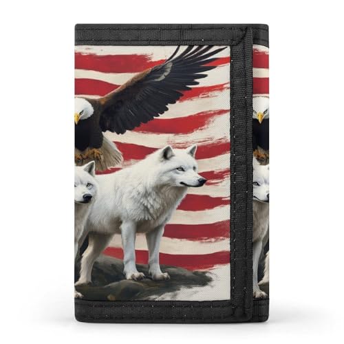 Men's Slim Wolves And Eagles Wolf American Flag Trifold Wallet, Fold Wallet with Multiple Card Slots And Key Chain, High Capacity Wallets for Travel