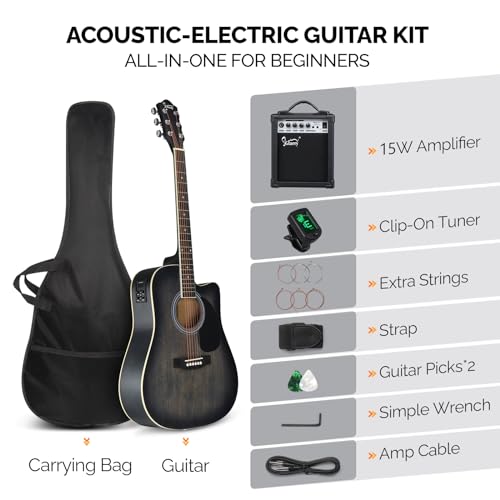 GLARRY 41" Distressed Black Cutaway Electric Acoustic Guitar Kit