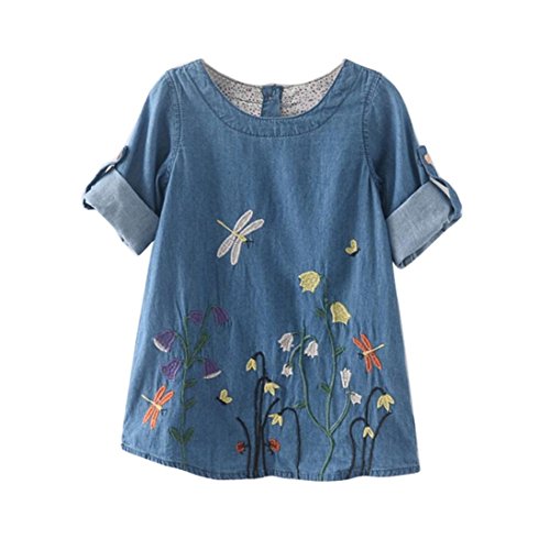 Hot Baby Dress! AMA(TM) Toddler Kids Baby Girls Long Sleeve Flower Embroidery Denim Princess Dress (2/3T, Blue)