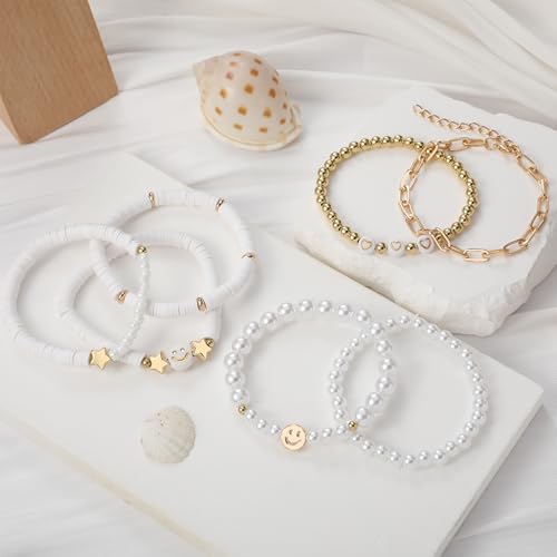Preppy Bracelets Set Colorful White Gold Smile Heart Star Polymer Beaded Pearl Clay Stackable Charm Y2K Kidcore Aesthetic Summer Beach Bohemian Stretch Layering Bracelets Jewelry for Girls Women Teens