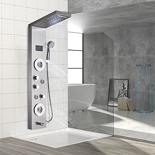 Cesinkin Colonne de douche hydromassante en Acier Inox avec 2 Grandes Buses Massants,5 Modes De Douche Douchette,panneau de douche avec écran de température,inoxydable(Nickel brossé) Cover