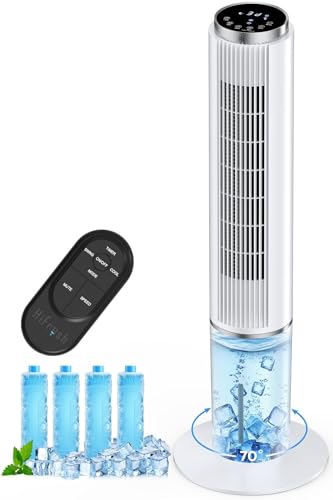 Image of HIFRESH 107CM Tower Fan for Room w /Cooling Function, Bladeless Tower Fans for Home, Remote & Touch, 4 Modes & 3 Speeds, 26Ft Air Throw, 12H Timer, 4 Ice Packs, Auto Rotation, Low Power Consumption