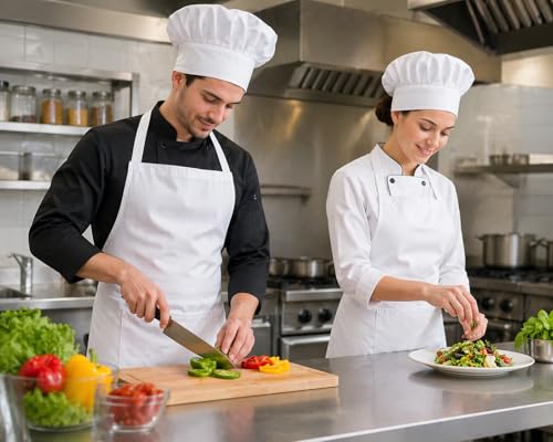 Image of KODENIPR CLUB Men's and Women's Hotel Kitchen Cloth Chef Apron with Cap (White).