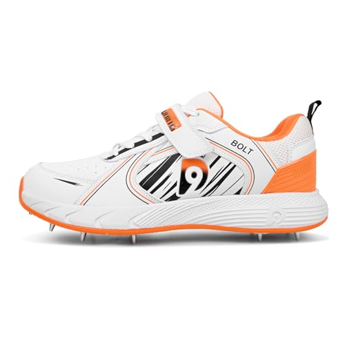 Image of DNINE Bolt Men Bowling Spikes Cricket Shoe White Orange & White Blue