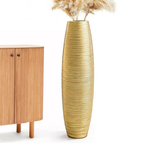 Image of Large Floor Vase 35.4 inch Gloss Gold, Resin Wide-Body Vase with Horizontal Ribbed Texture for Dried Pampas Grass Branches, Modern Home Decor for Living Room Corner Entryway