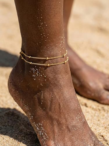 Image of FOCALOOK 14K Gold Plated Anklets for Women Waterproof Plus Size Ankle Bracelet 8.5-10.5 Inch Adjustable Mariner /Figaro /Flat Snake /Cuban Link Chain Anklet Jewelry for Summer Beach Holiday