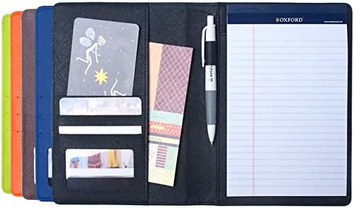 AHZOA Colorful 4 Pockets A5 Size Memo Padfolio S1, Including 5 X 8 Inch Legal Writing Pad, Synthetic Leather Handmade About 6.3 X 8.7 Inch Folder Clipboard Holder (Black)