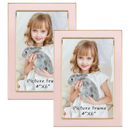4×6 Pink Enamel Picture Frames – Metal Gold Edge – Cute Frame for 4 x 6 Inch Photos Pictures Artwork – Real Glass – With Tabletop Easel Stand – Hanger for Wall Mount Display (2 Pack)