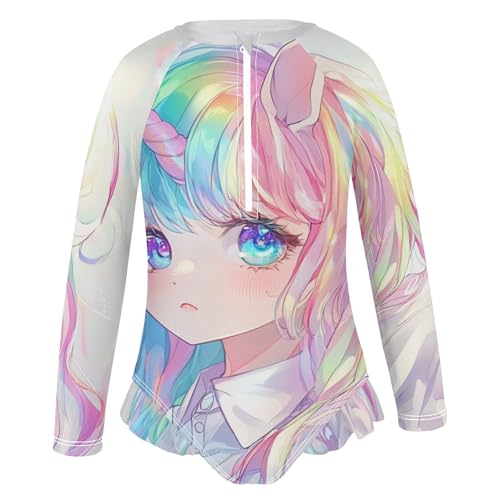 Image of CaTaKu Girls Rash Guard Swimsuit Long Sleeve One Piece Bathing Suit UPF 50+ Toddler Kids Zipper Ruffle Swimwear 3-12Y