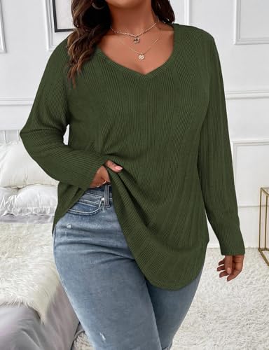 Image of Koscacy Women Plus Size Casual Knit Sweater V Neck Solid Color Tops Lightweight Long Sleeve Blouses