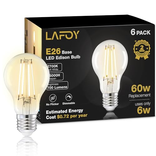 Image of Lafoy Vintage E26 LED Bulb 60 Watt Dimmable, A19 Edison Globe Light Bulbs Soft White 2700K, Antique Old-Fashioned Style 60W Equivalent Lightbulbs, Medium Base 6W 700 Lumen 120V, 6 Pack