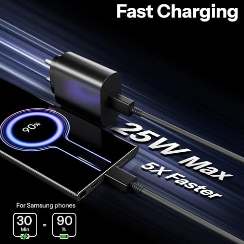 Image of Original 25w Charger | Type-C Adapter & Cable | Compatible with Samsng Galaxy S21 Ultra S21 Plus S20 FE Note 20 Ultra A72 A52 M51 - Black