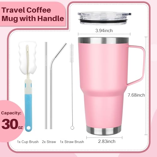 Image of 30 oz Tumbler with Handle, Stainless Steel Insulated Tumbler with Lid and Straw, Double Wall Vacuum Insulated Coffee Mug Tumbler, Insulated Coffee Thermal Cup for Cold and Hot (Pink)