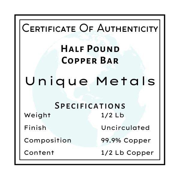 Miniatura 2 de Pisapapeles de barra de cobre de media libra, diseño de elemento químico puro 999 con certificado de autenticidad de Unique Metals