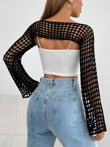 hathne Women Hollow Out Sweater Crop Flounce Off See Through Crochet Top Trumpet Long Sleeve Knit Top3