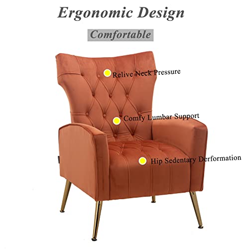 Artechworks Velvet Button Tufted Accent Arm Chair Single Sofa Upholstered With Modern Metal Gold Legs High Wingback For Living Room Club Bedroon Reading Room Office, Patio, Caramel Color, Burnt Orange #TOP6